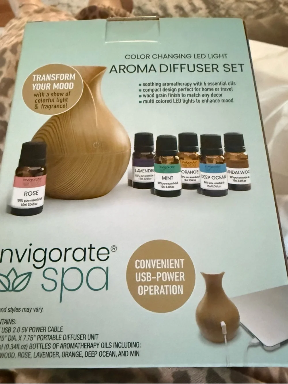 Color changing diffuser with essential oils